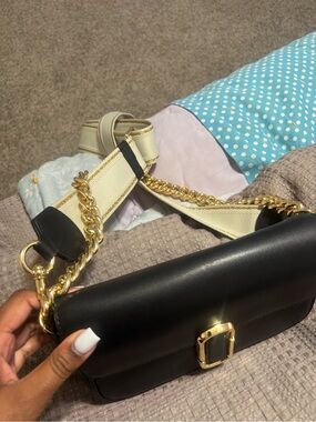 Marc Jacobs Black Leather Crossbody with Gold Buckle and Cream Strap